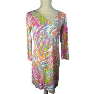 Lilly Pulitzer Dress V Neck Long Sleeve Colorful Coral Reef Print